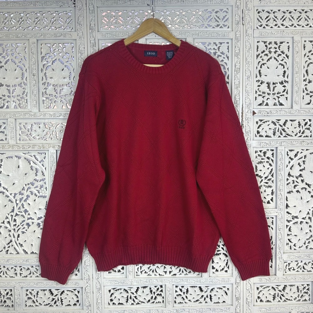 IZOD Red Diamond Argyle Chunky Crewneck Long Sleeve Grandpa Sweater Sz Large‎